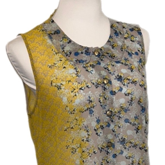 CaBi  Offsides floral Blouse Yellow Blue, Button Up, Sleeveless, Sheer - Picture 3 of 10